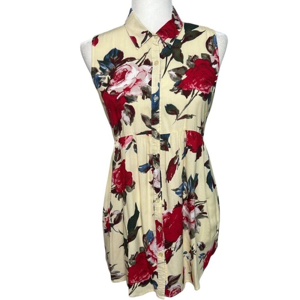 Umgee Red Rose Yellow Sleeveless Button-Down Shirt Dress‎ - Women's Size Large